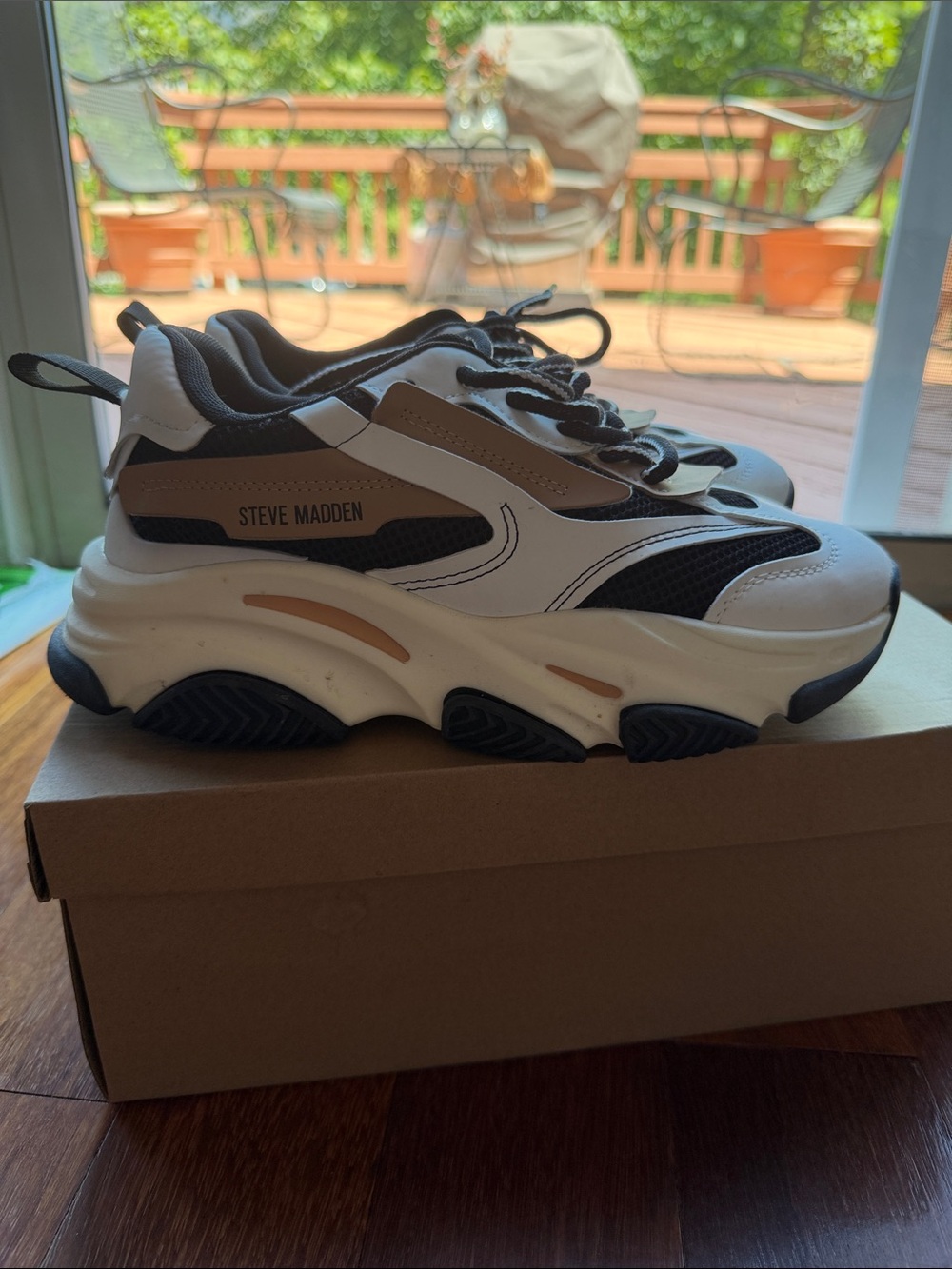 Steve Madden Kids White, Black and Tan Chunky Lace-Up Sneakers